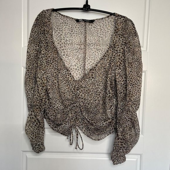 Zara‎ Women's Sheer Leopard Print Adjustable Ruched Middle Crop Top Size XL - Picture 4 of 11